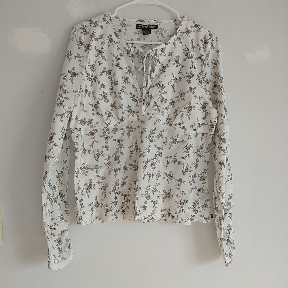Vtg Polo Ralph Lauren Top Blouse Women XL*Floral Toile Babydoll LongSleeve Ruche